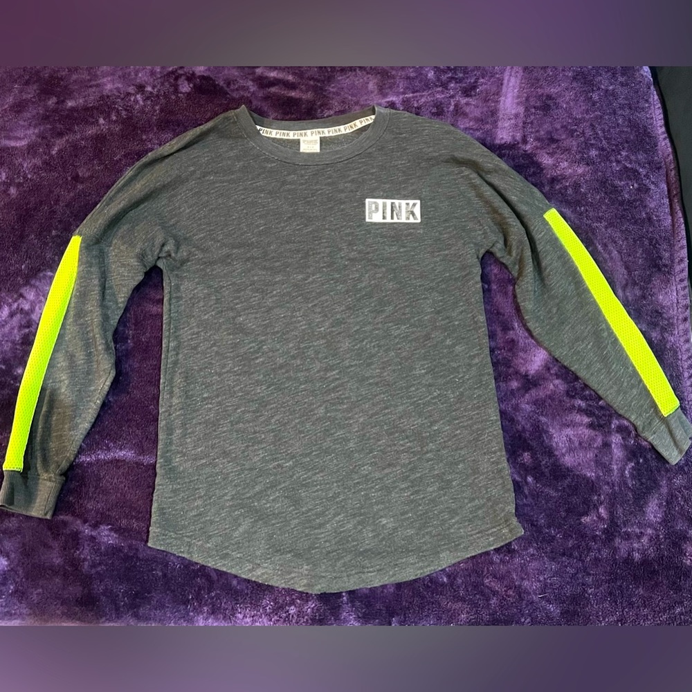 Victoria’s Secret PINK Varsity Crew Neon Green Grey Pullover- Small